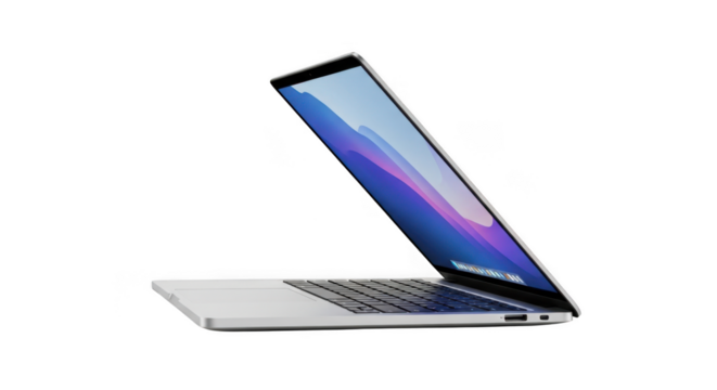 Sleek silver laptop displaying a vibrant screen on a black background