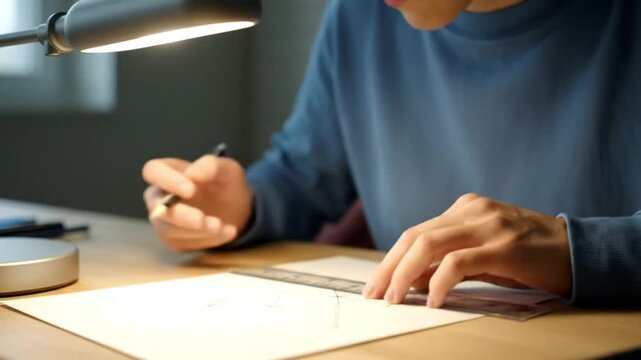 A person uses a ruler and pencil to draw on paper under the warm light of a desk lamp.
