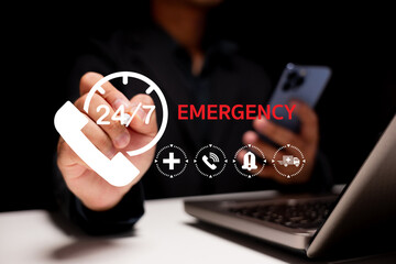 A hand reaches for a phone symbol, indicating 24 7 emergency services, highlighting urgency and accessibility in crisis situations.