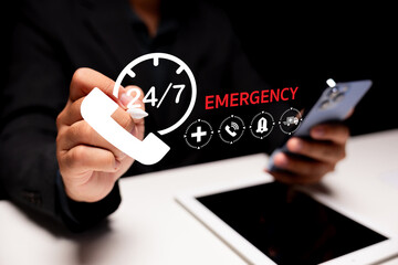 A person uses a smartphone, highlighting a 24 7 emergency service with symbols for help, showcasing accessibility and urgency in communication.