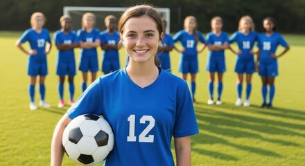 Young soccer player poses confidently with teammates in the background during a sunny practice session on the field