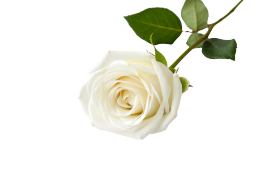 A single white rose, symbolizing purity and new beginnings, rests delicately on a clean white background, evoking elegance and tranquility in its pristine beauty
