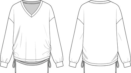 Women's long sleeve top, fashion sketch, technical flat, V-neck, drawstring hem, ribbed cuff, apparel design, garment illustration