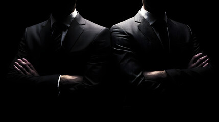 Shadowy Encounter: Two figures, clad in impeccable suits, stand poised against a stark black backdrop. Their crossed arms hint at an air of silent confidence and underlying tension.