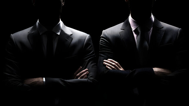 Shadowed Alliance: Two figures in sophisticated attire stand side by side, their silhouettes defined against a deep, dark backdrop, hinting at an exclusive bond or a secretive agreement.