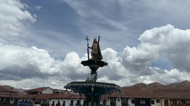 Inca Pachacutec Fountain in Plaza de Armas, Cusco