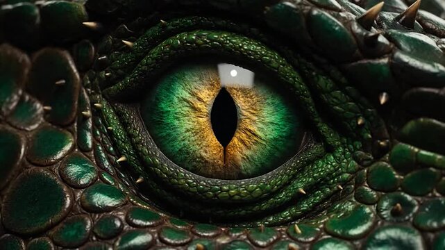 Close-up of a reptile eye, showcasing intricate details, texture, and vibrant green and gold colors