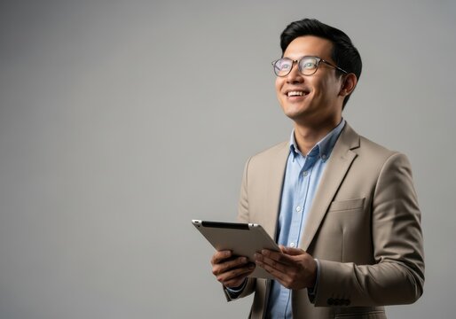 Smiling asian businessman in a suit holding a tablet computer