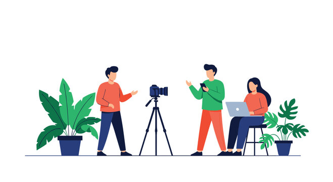 Creative team collaborating on video content creation, with a presenter, videographer, and assistant using modern equipment.