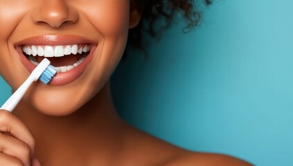 A young woman with a radiant smile brushes her teeth, showcasing healthy, white teeth and gum health