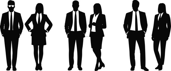  Professional Business People Silhouettes Set, Men and Women in Suits Standing, Corporate Team Vector Collection Isolated