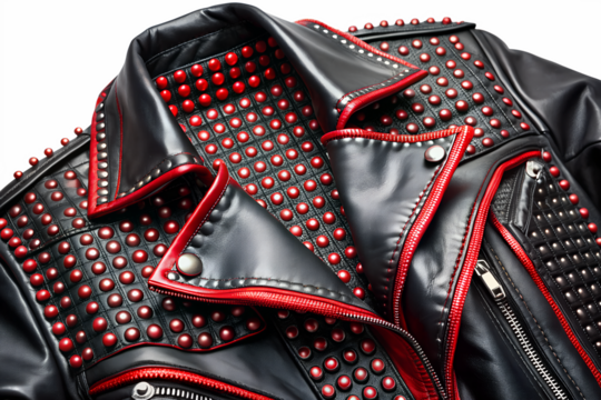 Close up of a black leather jacket with red trim and numerous red studs, a symbol of rebellious style and rock and roll fashion