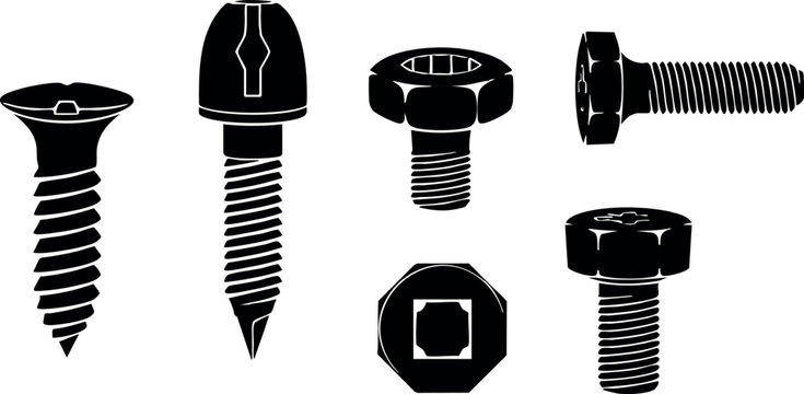 Various screw and bolt types black silhouette vector on white background for industrial hardware illustration purposes 