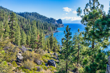 Lake Tahoe Nevada USA scenic viewpoint with pine trees rocks and sparkling blue water under bright sunlight view of Sierra Nevada mountains peaceful nature landscape with clear lake