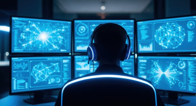 Cybersecurity analyst monitors multiple screens in a dark control room at night