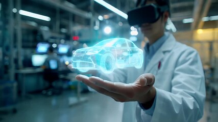A person in a lab coat and virtual reality headset holds a futuristic car holographic interface in their hand. The background is blurred but suggests an indoor setting. - Powered by Adobe