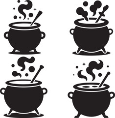 Four black and white vector illustrations of cauldrons with bubbling potions inside