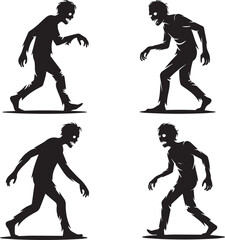 Four zombie silhouettes walking in different poses isolated on a white background