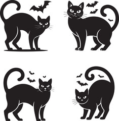 Four black cats with arched backs and bats flying above them on a white background