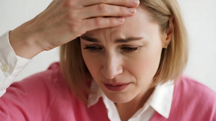 Woman with a worried expression touching her forehead