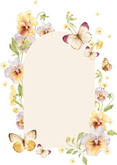 Floral arch frame with butterflies and pansies, elegant botanical border on transparent background