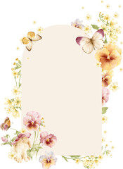 Vertical floral frame with bunny and butterflies, soft pastel botanical border design