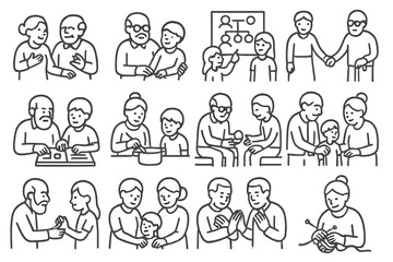Traditional prayer across moment lap knitting family vector connection icons old icon