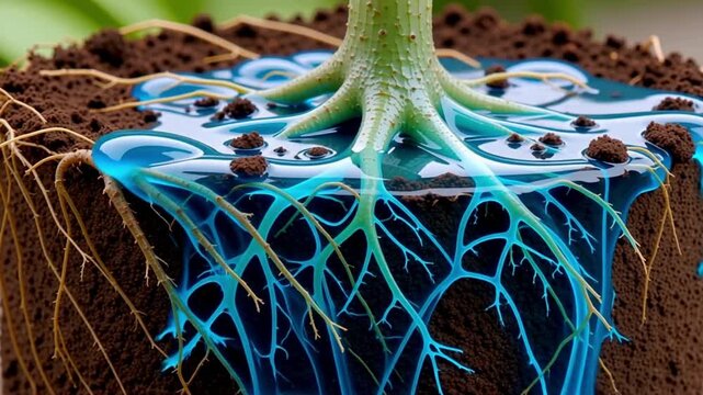 Close-Up of Plant Roots Absorbing Water in Soil, Highlighting the Importance of Hydration for Growth and Sustainability in Nature's Ecosystem