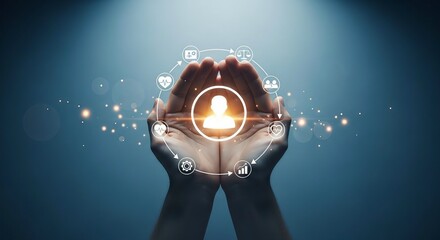 Hands holding a glowing abstract digital network with human icon