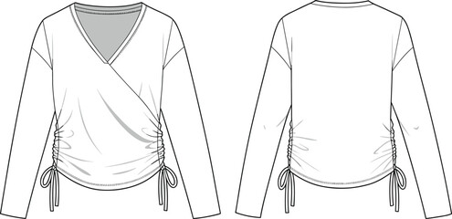 Women's wrap top fashion sketch, long sleeve technical drawing, adjustable drawstring hem, V-neckline, garment flat sketch, apparel design