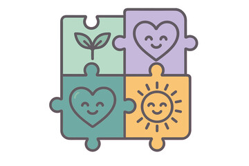 Four colorful puzzle pieces connected together showing symbols of nature, love, and happiness
