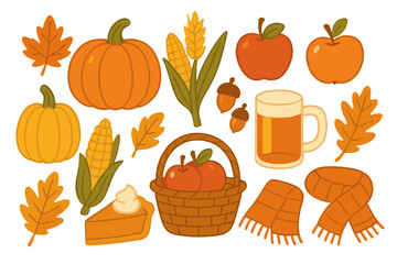 Seasonal autumn harvest elements: pumpkins, corn, apples, pie, and fall leaves