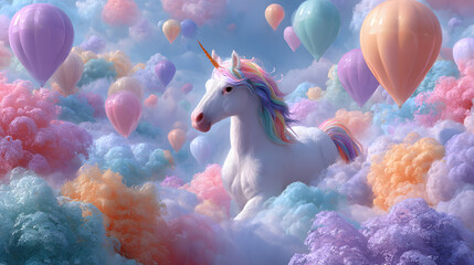 Unicorn Floating with Pastel Hot Air Balloons Above the Clouds – Dreamy Fantasy Illustration