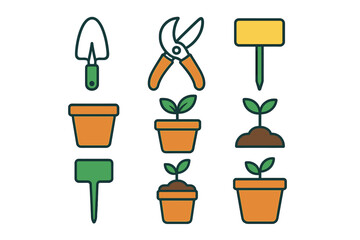Essential gardening tools, potted plants, and sprouting seedlings collection