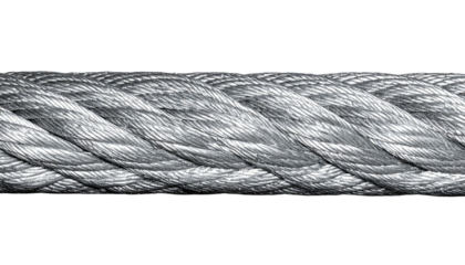 a single horizontal Strong steel wire rope or metal cable on transparent background. Close up of a tightly wound silver metal cable showing the textured surface and repeating pattern detail.