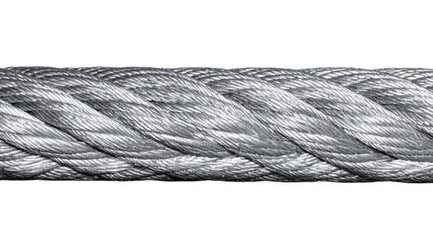 a single horizontal Strong steel wire rope or metal cable on transparent background. Close up of a tightly wound silver metal cable showing the textured surface and repeating pattern detail.