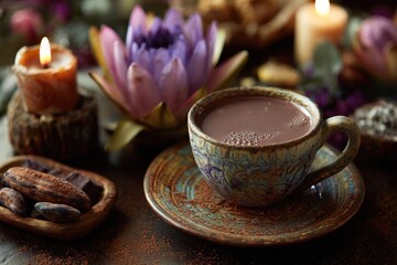 Sacred Cacao Ceremony: Heart-Opening Space with Lotus Altar, Candles, and Enriching Drink