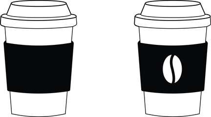 Coffee cup outline illustration in simple black line style on transparent background.