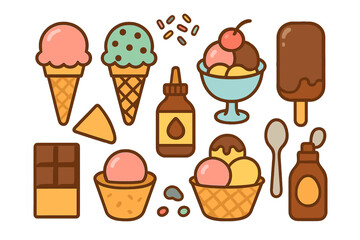 Colorful collection of ice cream cones, sundaes, popsicles, and chocolate bars