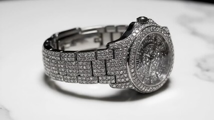Luxurious Diamond Encrusted Timepiece Presented on a Marble Surface