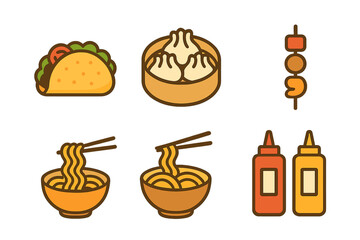 International street food collection featuring tacos, dumplings, noodles, skewers, and condiments