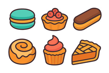 Set of sweet baked goods and confectionery icons including macaron eclair and cupcake