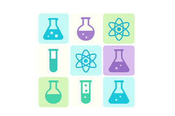 Colorful science and chemistry symbols featuring laboratory glassware and atomic structure