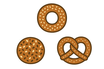 Assortment of brown baked goods including a bagel, pretzel, and seeded cracker