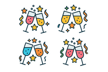 Festive champagne flutes clinking together in a seamless pattern surrounded by stars and streamers