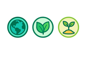 Three colorful circular symbols representing global ecology, natural leaves, and sustainable plant growth