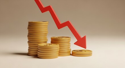 Declining economic trends illustrated by falling arrow and stacked gold coins