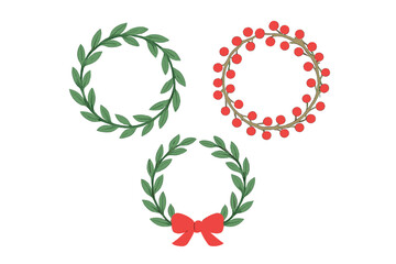 Festive green leaf wreaths and red berry frames for Christmas holiday decoration