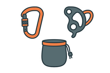 Essential rock climbing gear set with carabiner, belay device, and chalk bag icons for safety