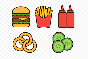 Set of classic American fast food icons featuring burger, fries, condiments, and side dishes